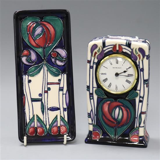 A Moorcroft Mackintosh mantel timepiece and tray Tray L.20cm